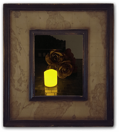 Map frame with roses and candle